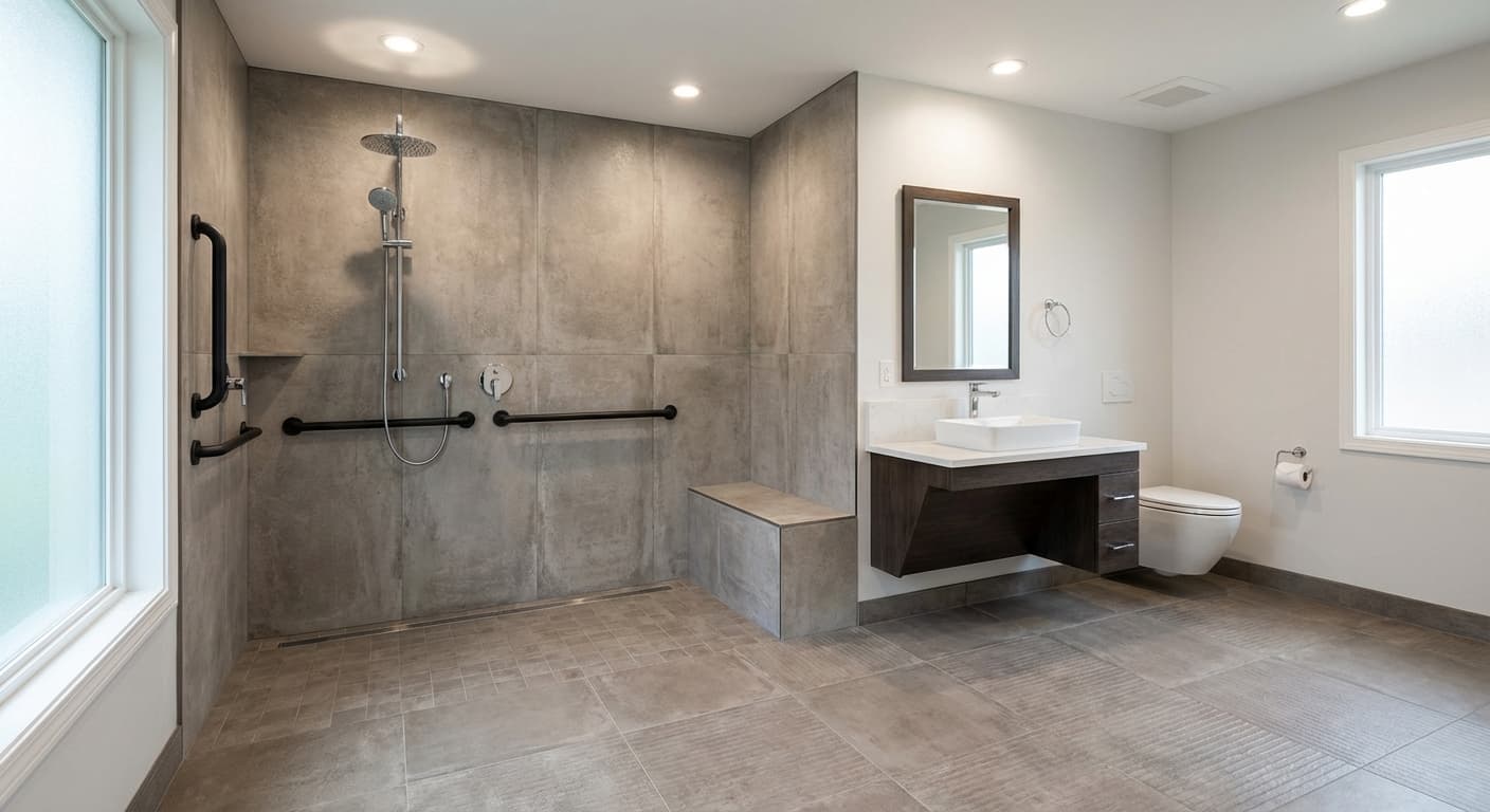 Modern accessible barrier-free bathroom with curbless shower