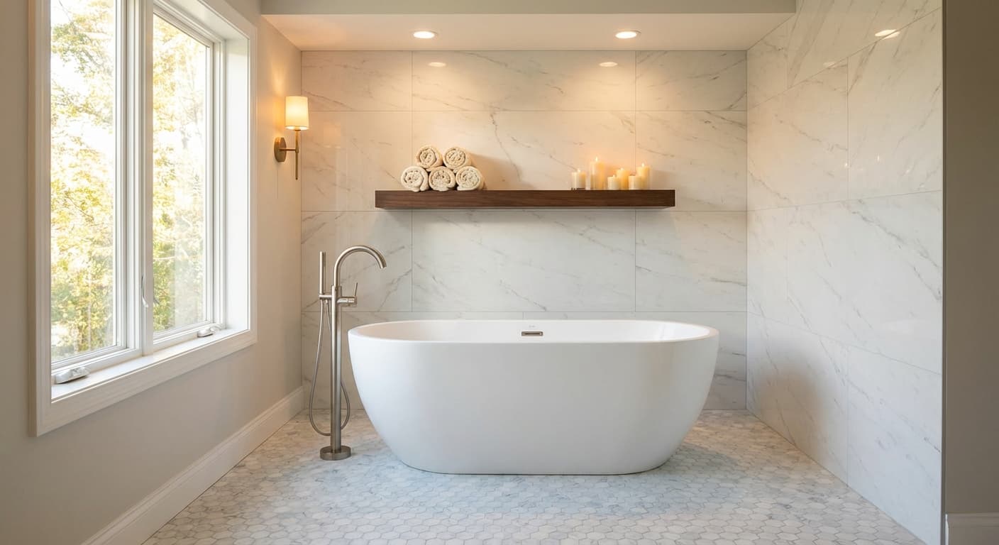 Elegant bathroom with matte white freestanding oval tub
