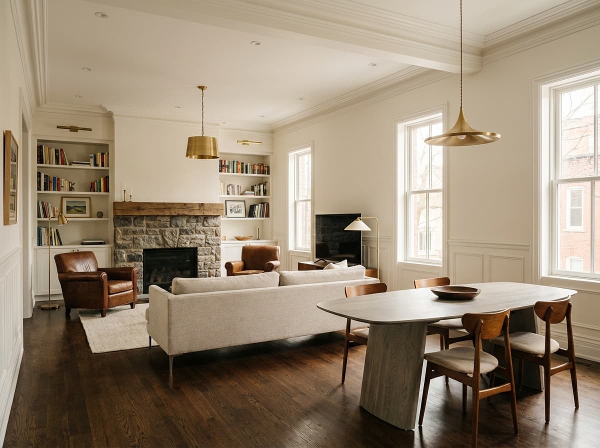 Beautifully renovated heritage living room with stone fireplace, built-in bookshelves, and expert trim work