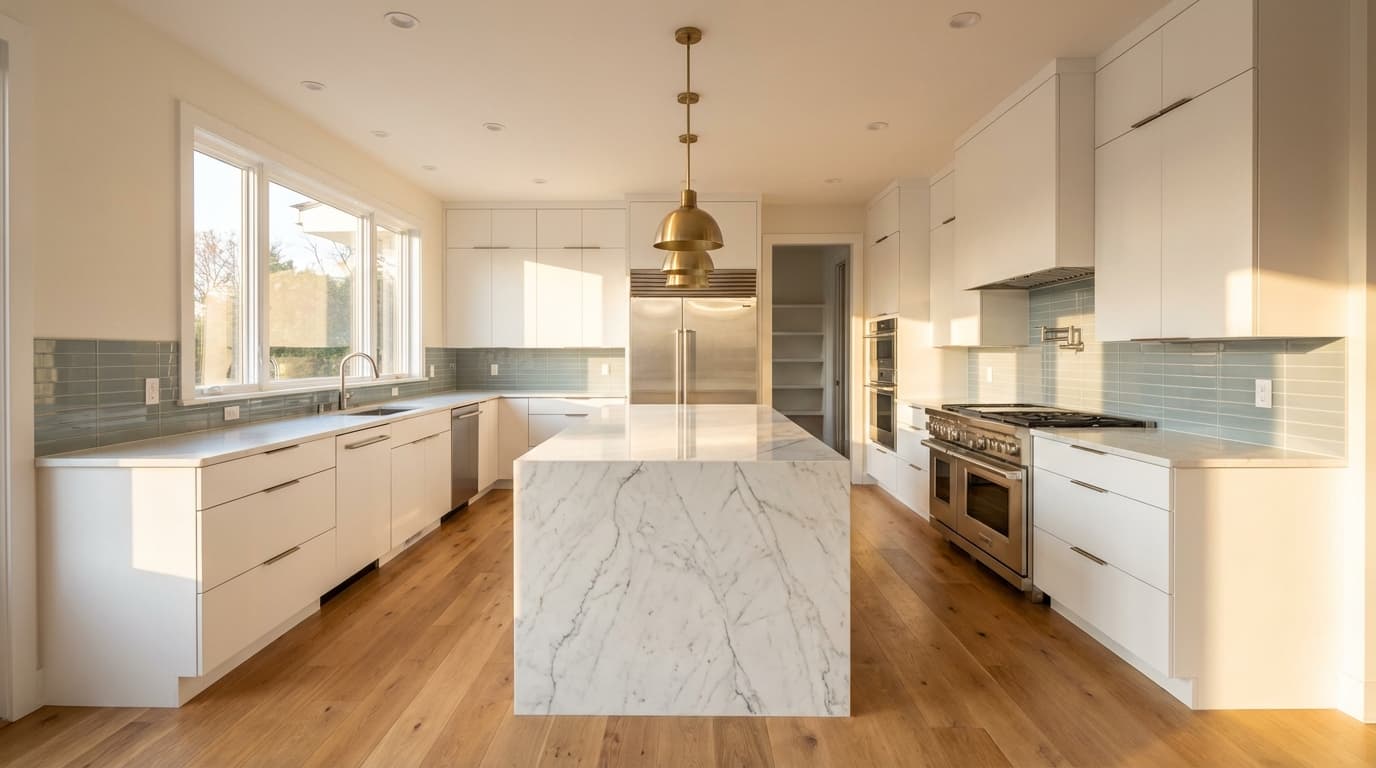 Stunning modern kitchen renovation with white cabinetry and waterfall quartz island