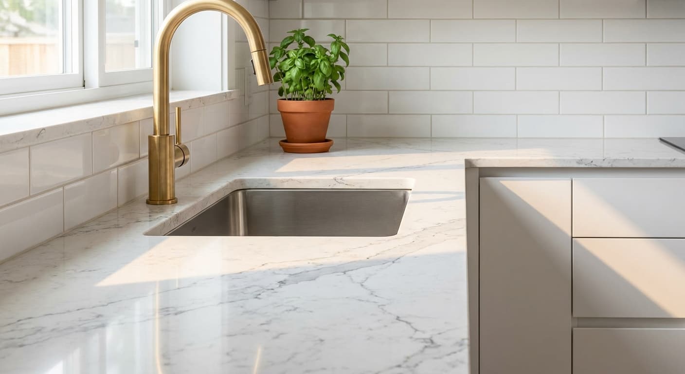 Close-up of veined quartz countertop with brushed gold faucet