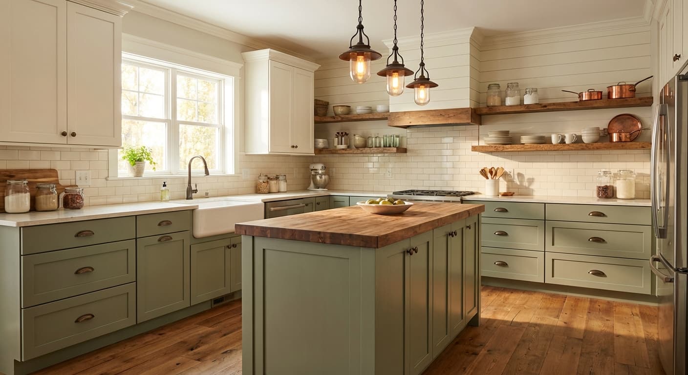 Charming farmhouse kitchen with two-tone cabinetry and Edison bulb pendants