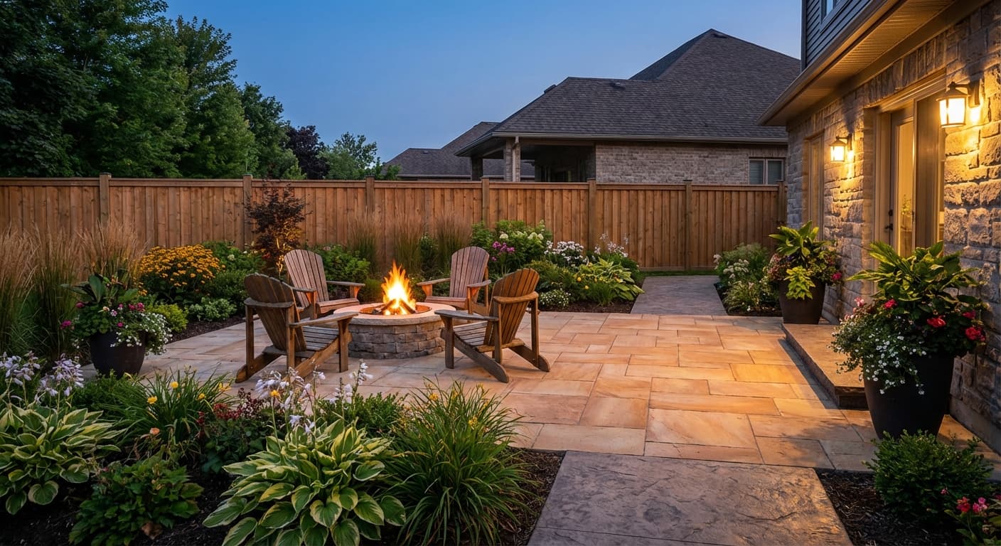 Professionally landscaped backyard stone patio with fire pit